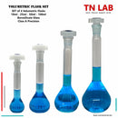 TN LAB Supply SET of 4 Small Volumetric Flasks 10ml-25ml-50ml-100ml Class A Precision with PTFE Tapered Stoppers Borosilicate 3.3 Glass