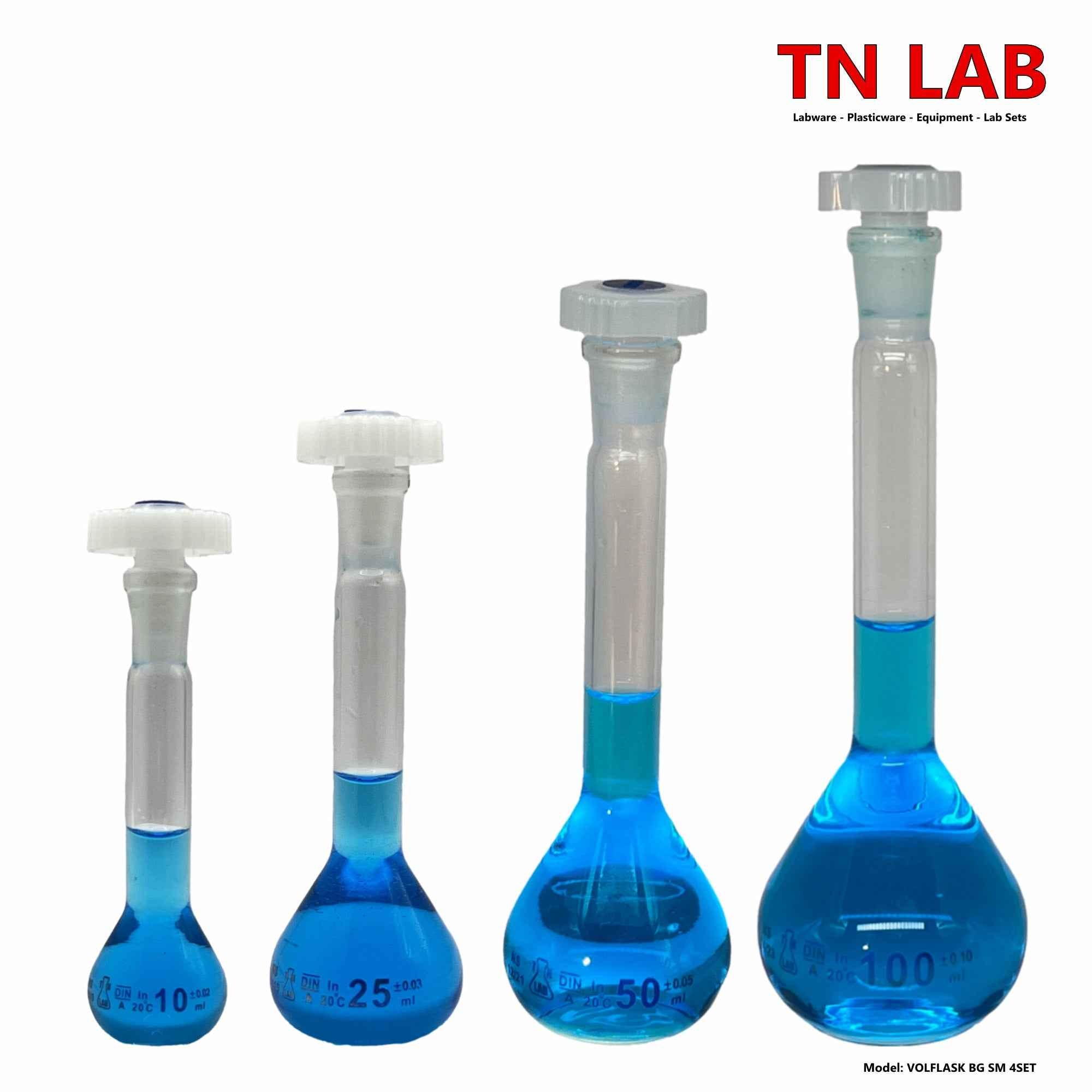 Volumetric Glass Flasks 4-Piece SET of Small Sizes 10-25-50-100ml Class A Accuracy TN LAB