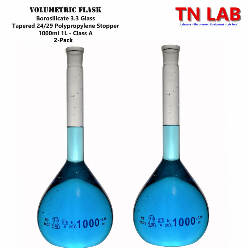 TN LAB Supply 1000ml 1L Volumetric Flask Class A Borosilicate 3.3 Glass 2-Pack