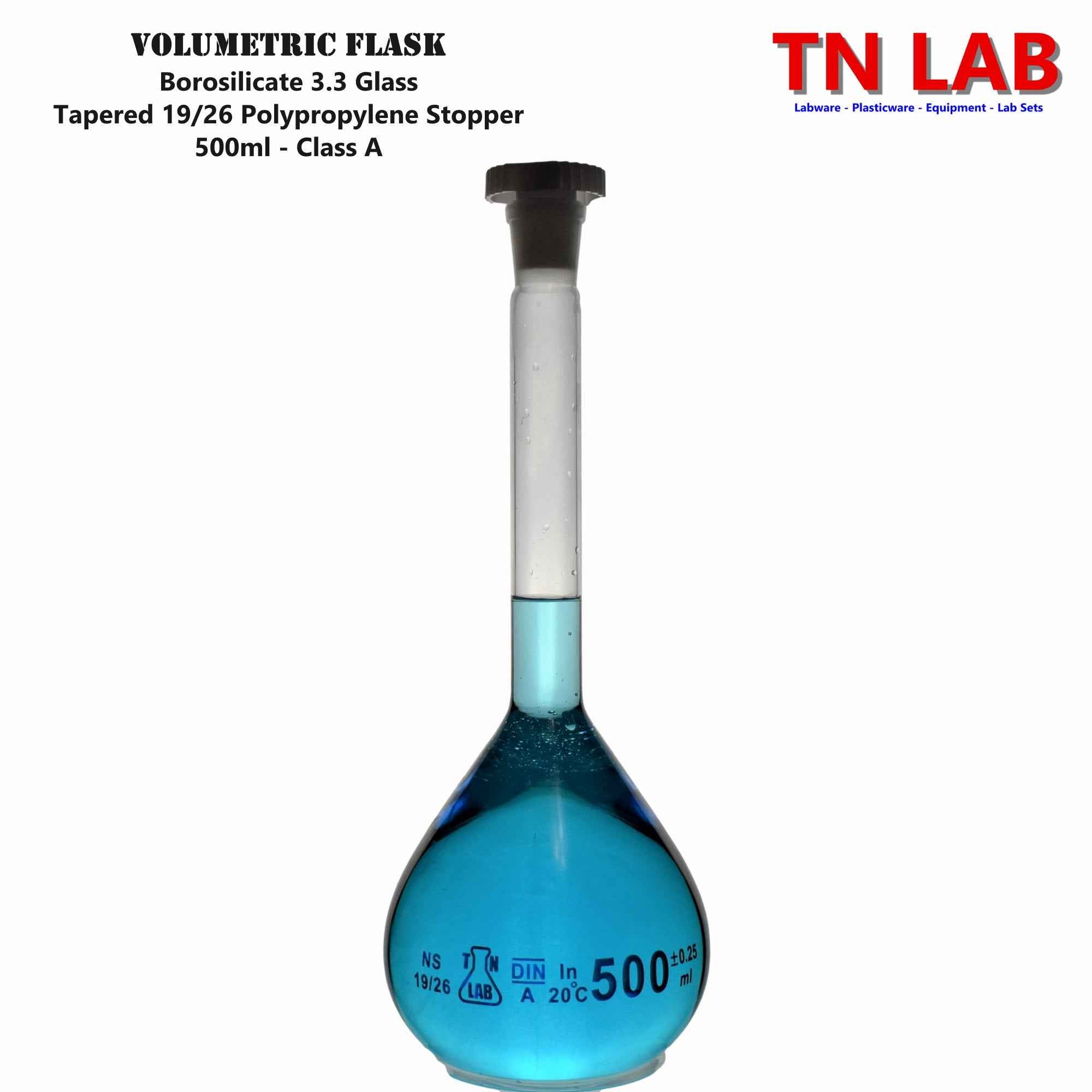 Volumetric Glass Flasks 4-Piece SET of Large Sizes 50-100-250-500ml Class A Accuracy TN LAB