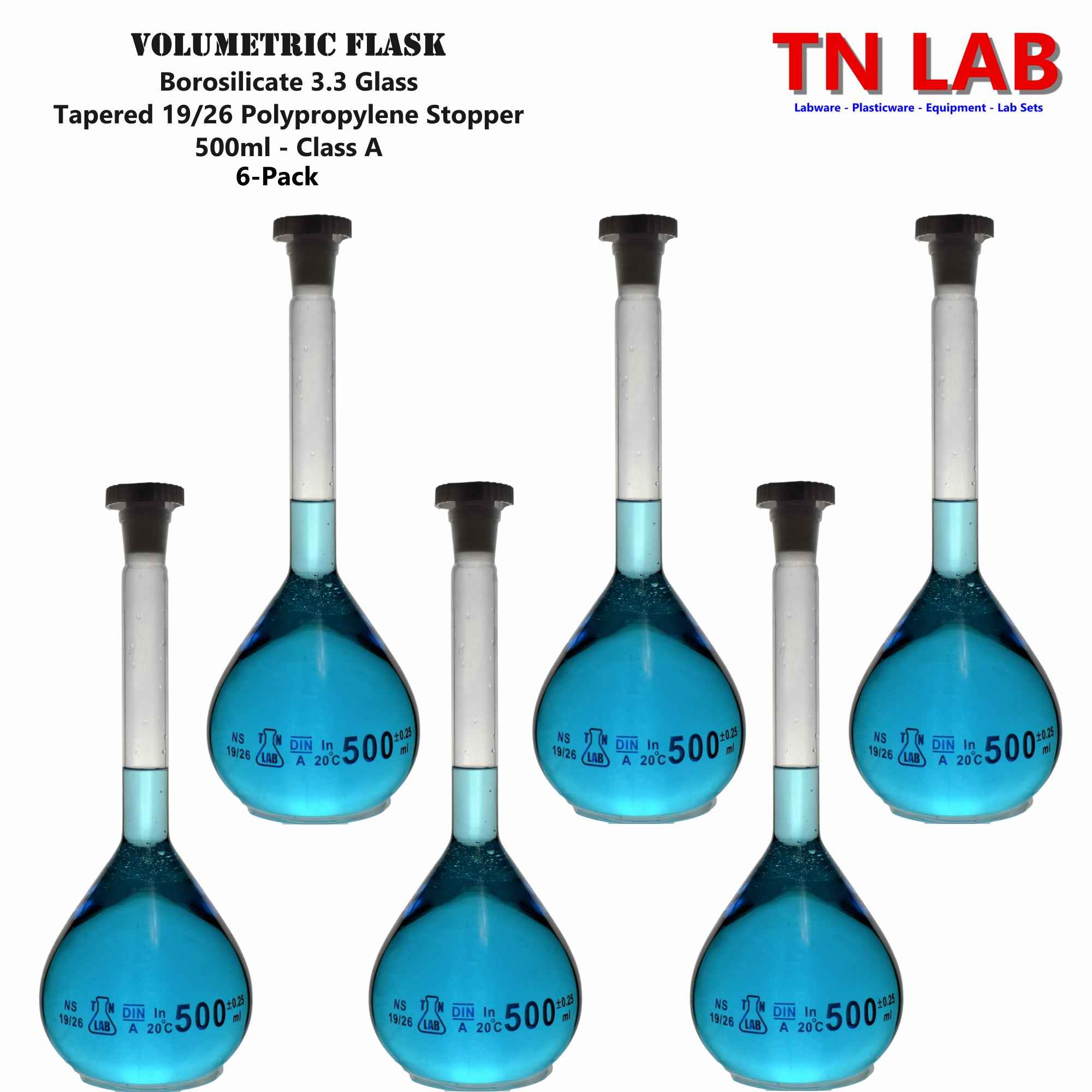 Volumetric Flask 500ml Borosilicate Glass Class A Precision ISO 1042 19/26 Joint