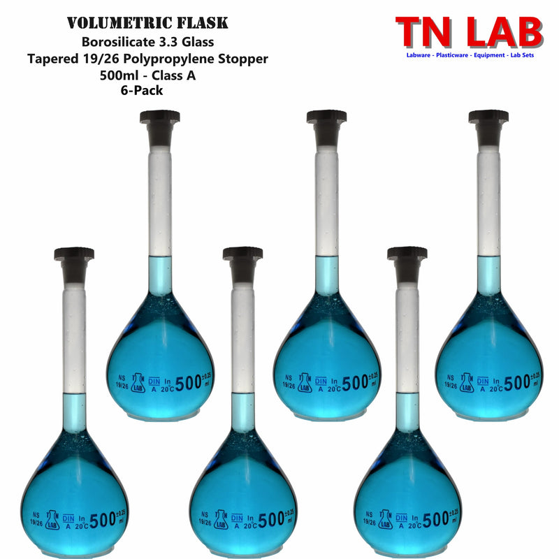 TN LAB Supply 500ml Volumetric Flask Class A Borosilicate 3.3 Glass 6-Pack