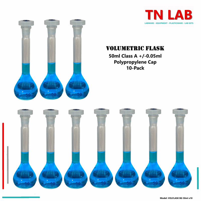 TN LAB Supply Volumetric Flask 50ml Class A Borosilicate 3.3 Glass Jointed with Cap 10-Pack