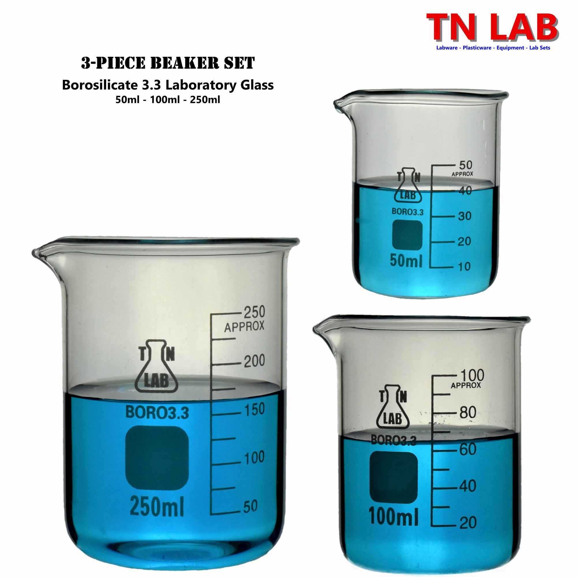 Beaker Set Borosilicate Glass 3 - Piece SET 50 - 100 - 250ml - TN LAB Supply