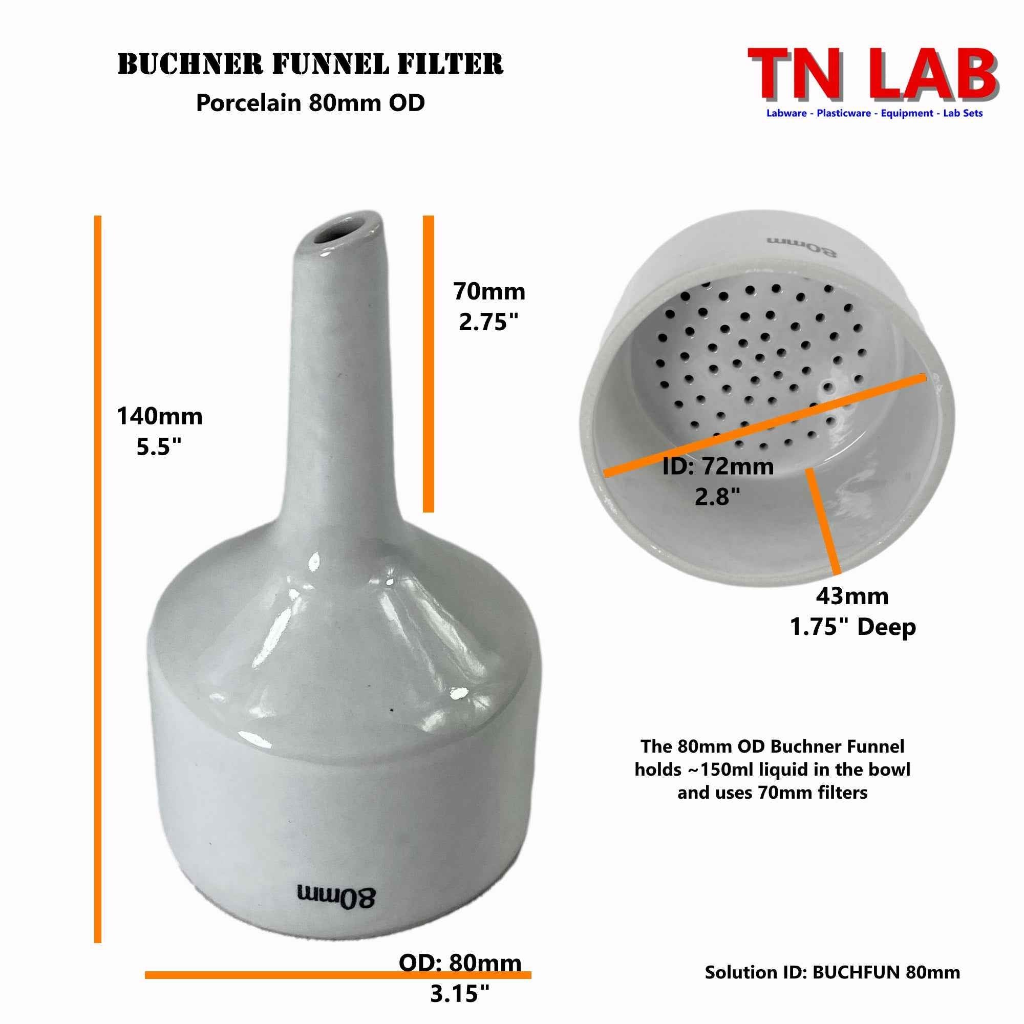 Buchner Funnel Porcelain Vacuum Filter Funnel 080mm - 8cm - TN LAB Supply