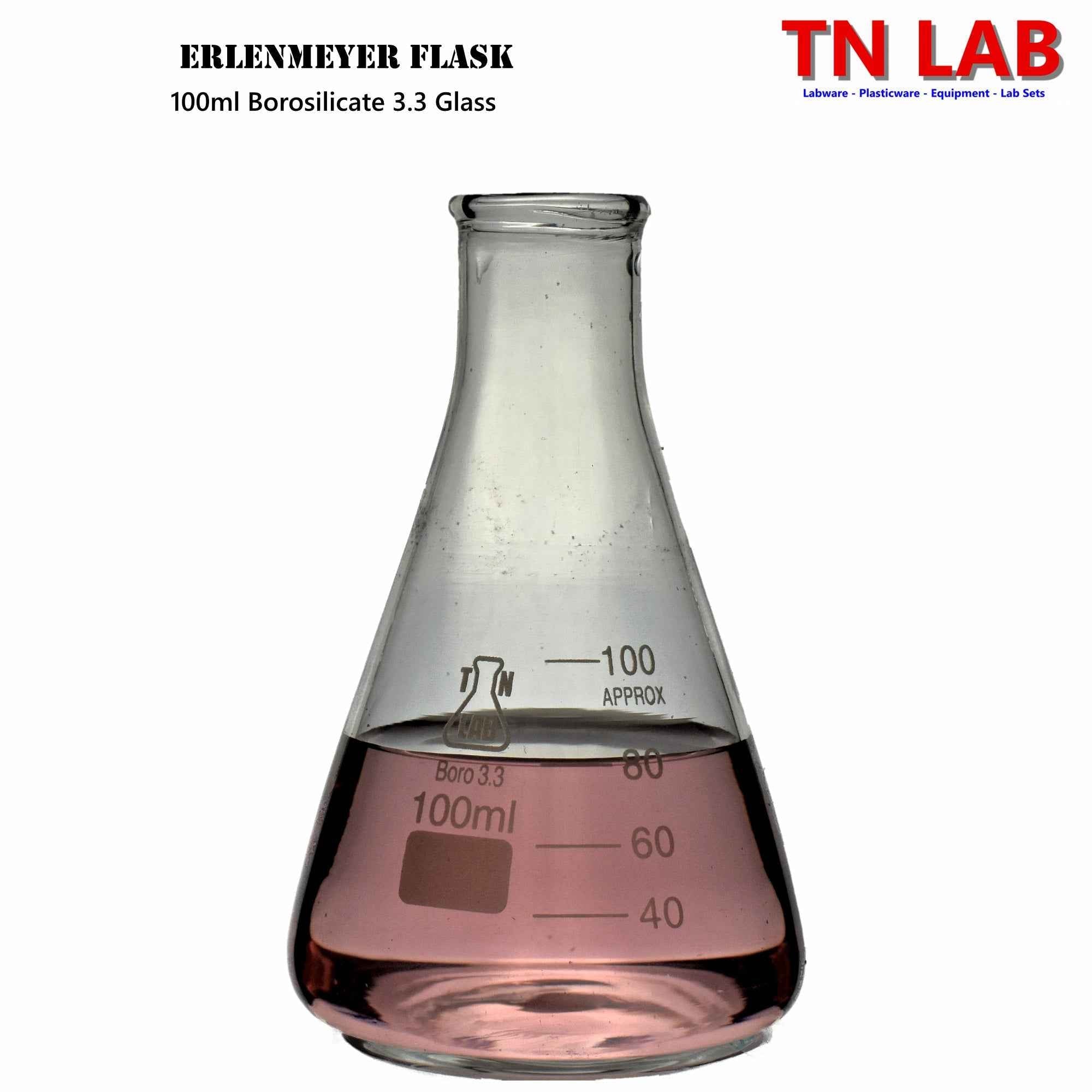 Tn LAB Heavy-Wall Borosilicate Glass Graduated Erlenmeyer Conical Flask Family, 100 ml