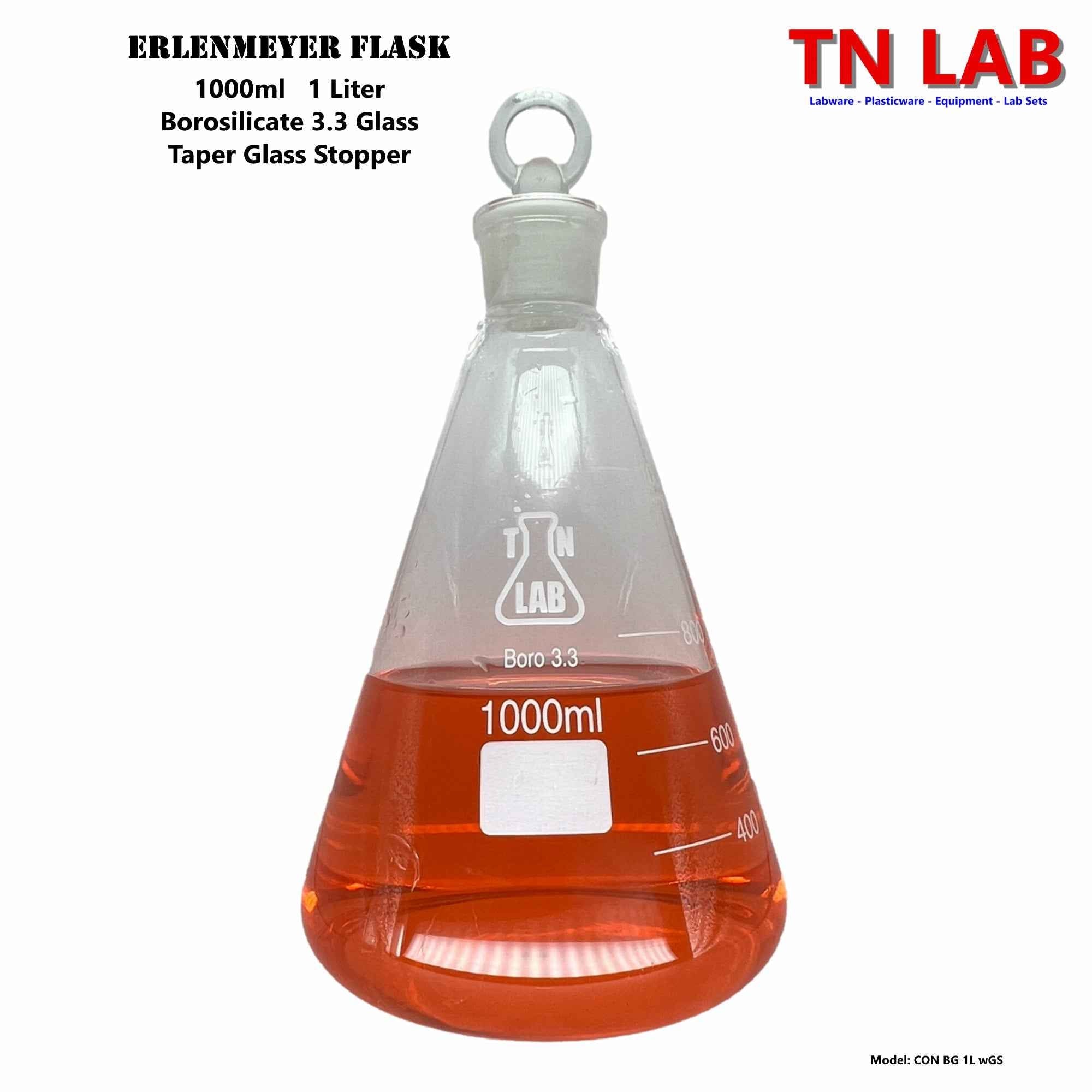 Erlenmeyer Flask 1000ml 1L Borosilicate 3.3 Glass with 24/25 Jointed Glass Stopper - TN LAB Supply