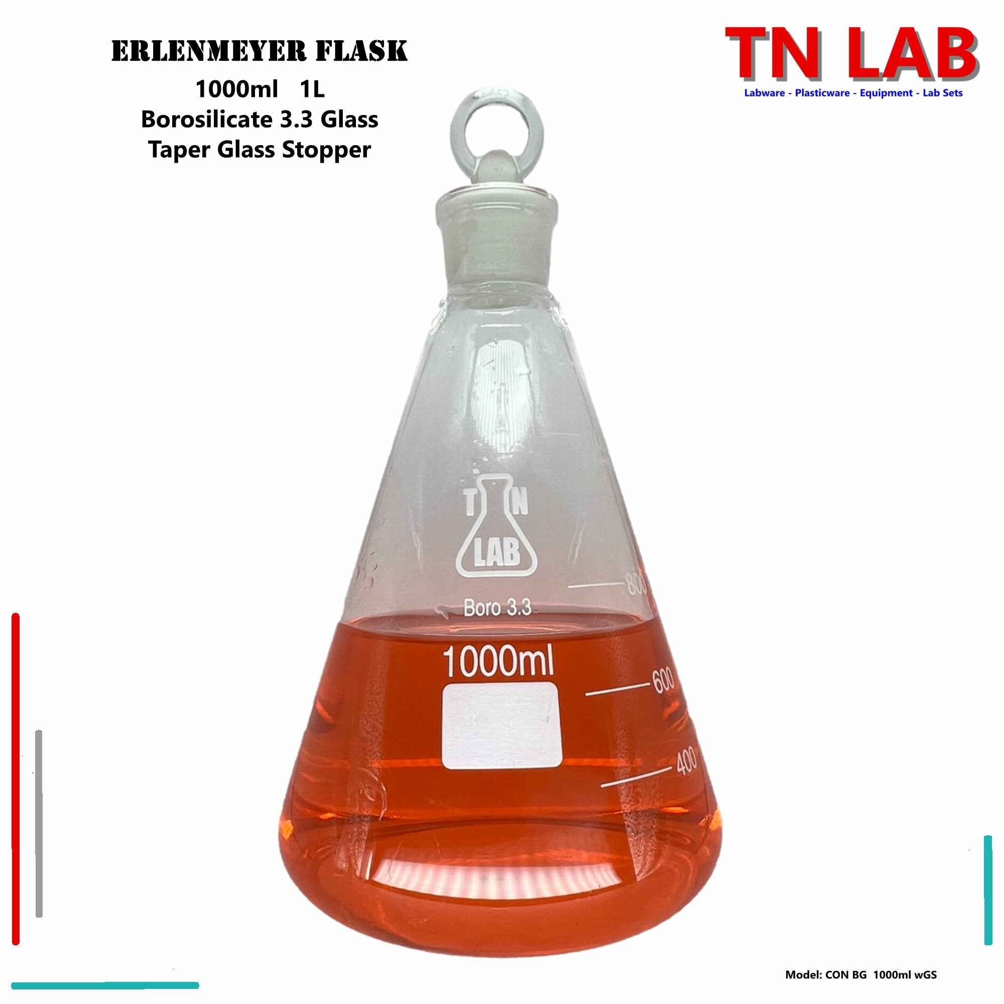 Erlenmeyer Flask 1000ml 1L Borosilicate 3.3 Glass with 24/25 Jointed Glass Stopper - TN LAB Supply