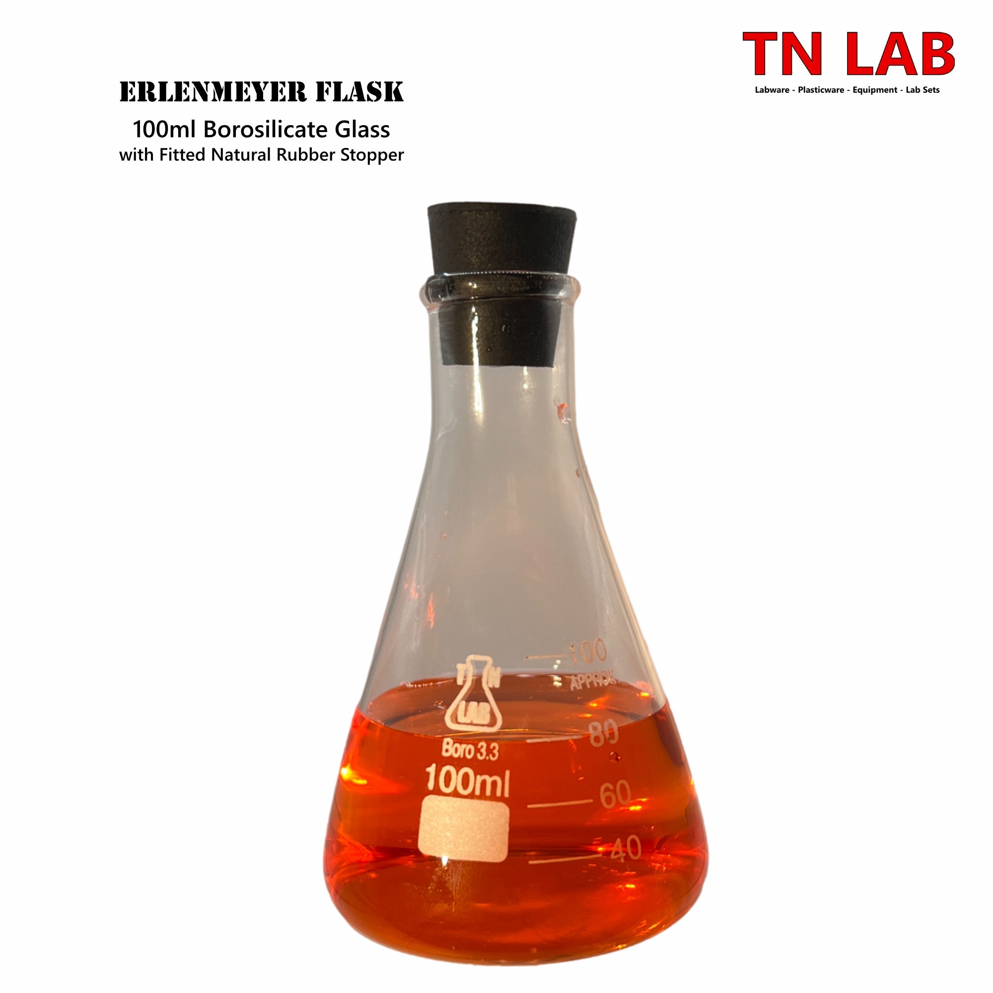 Erlenmeyer Flask Borosilicate 3.3 Glass 100ml w - Rubber Stopper - TN LAB Supply