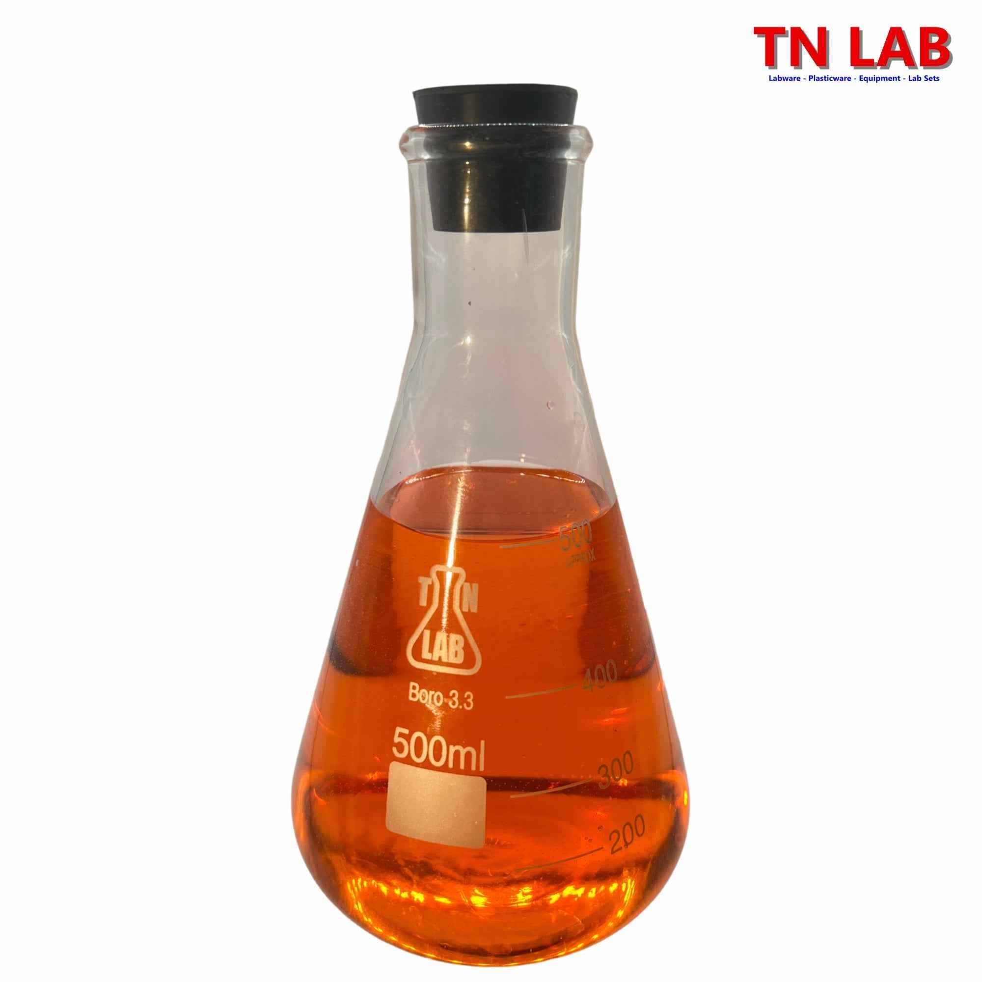 Erlenmeyer Flask Borosilicate 3.3 Glass 500ml w - Rubber Stopper - TN LAB Supply