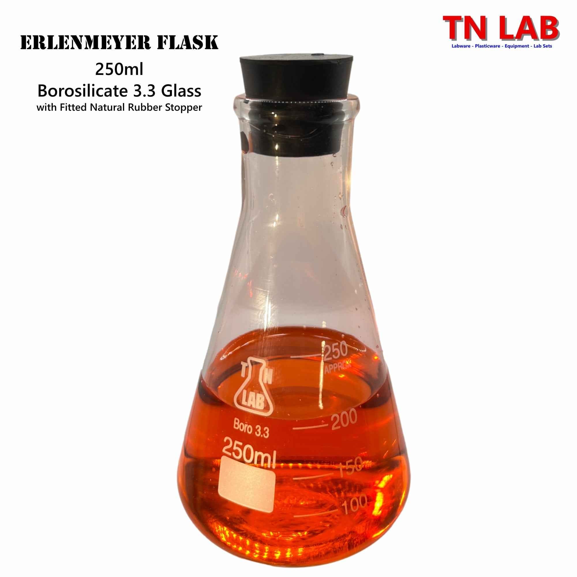 Erlenmeyer Flask Borosilicate 3.3 Glass w - Rubber Stopper Family - TN LAB Supply