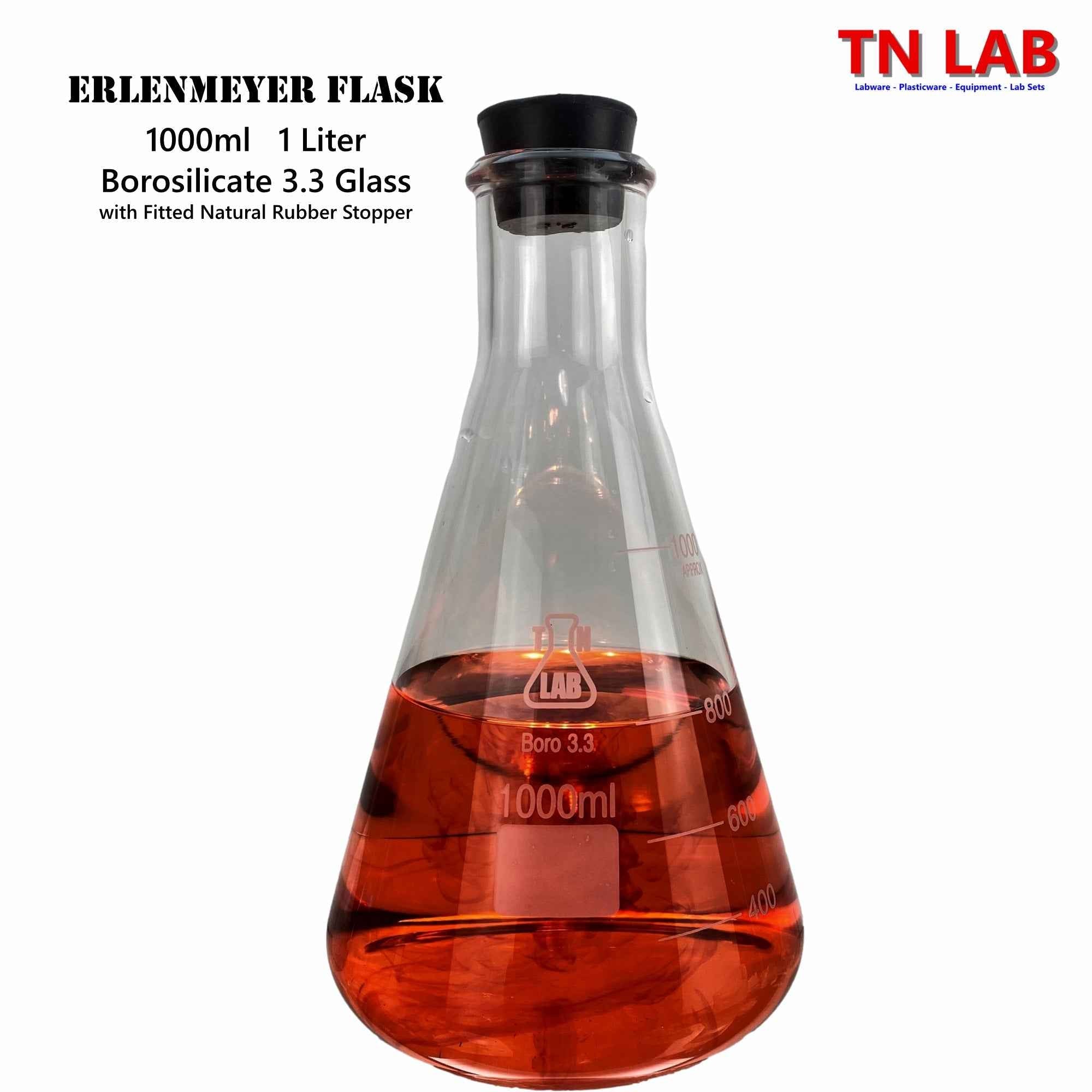 Erlenmeyer Flask Borosilicate 3.3 Glass w - Rubber Stopper Family - TN LAB Supply