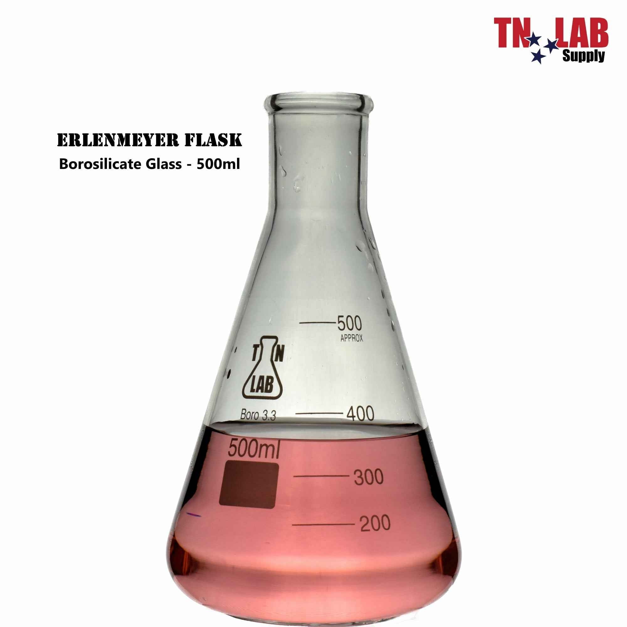 Erlenmeyer Flask Borosilicate Glass Conical Flask 3 - Piece SET (100 - 250 - 500ml) with Rubber Stoppers - TN LAB Supply