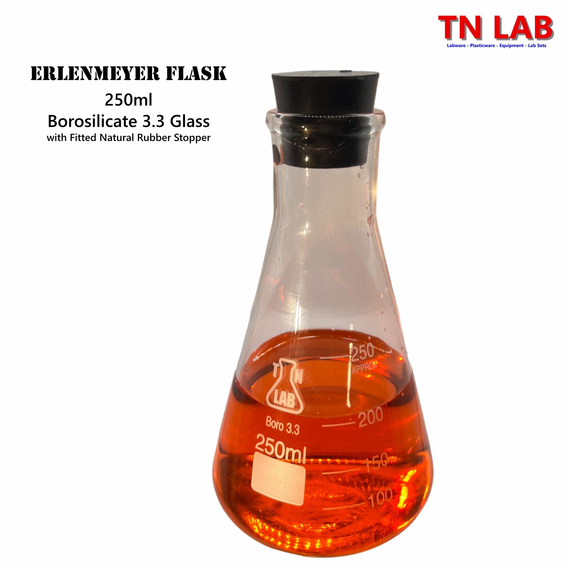 Erlenmeyer Flask Borosilicate Glass Conical Flask 3-Piece SET (100-250-500ml) with Rubber Stoppers - TN LAB