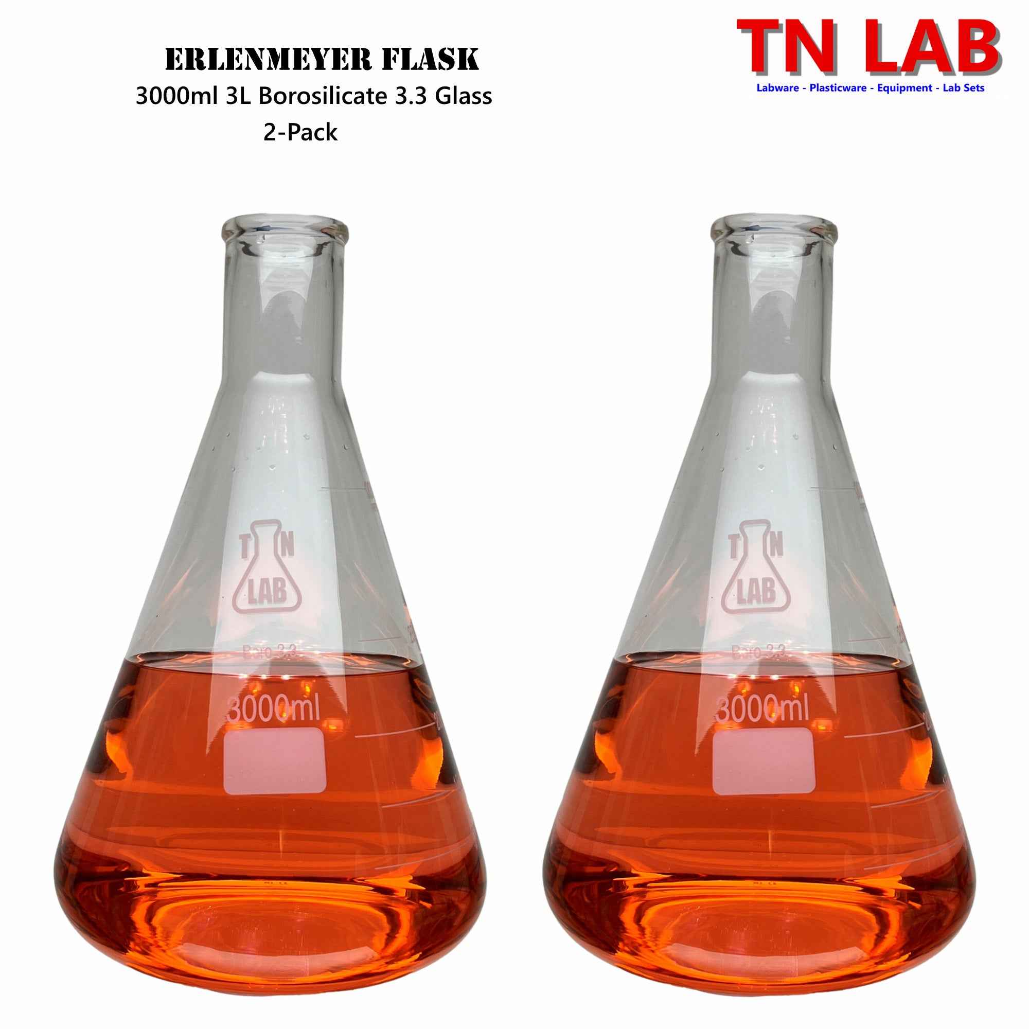 Erlenmeyer Flask Borosilicate Glass Conical Flask 3000ml 3L - TN LAB Supply
