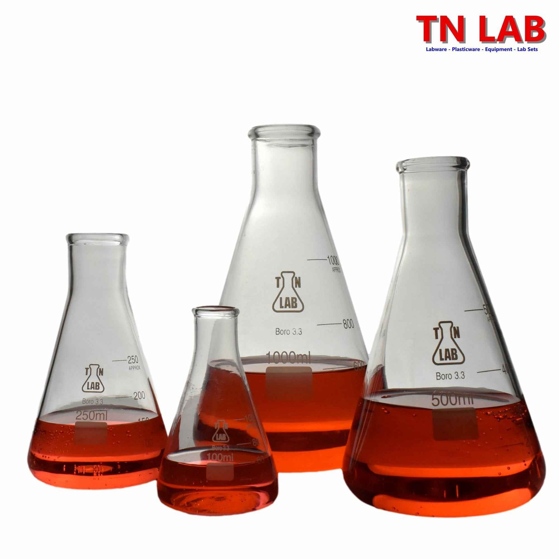 Tn Lab Erlenmeyer Flask Borosilicate Glass Conical Flask 4-Piece SET (100-250-500-1000 ml)