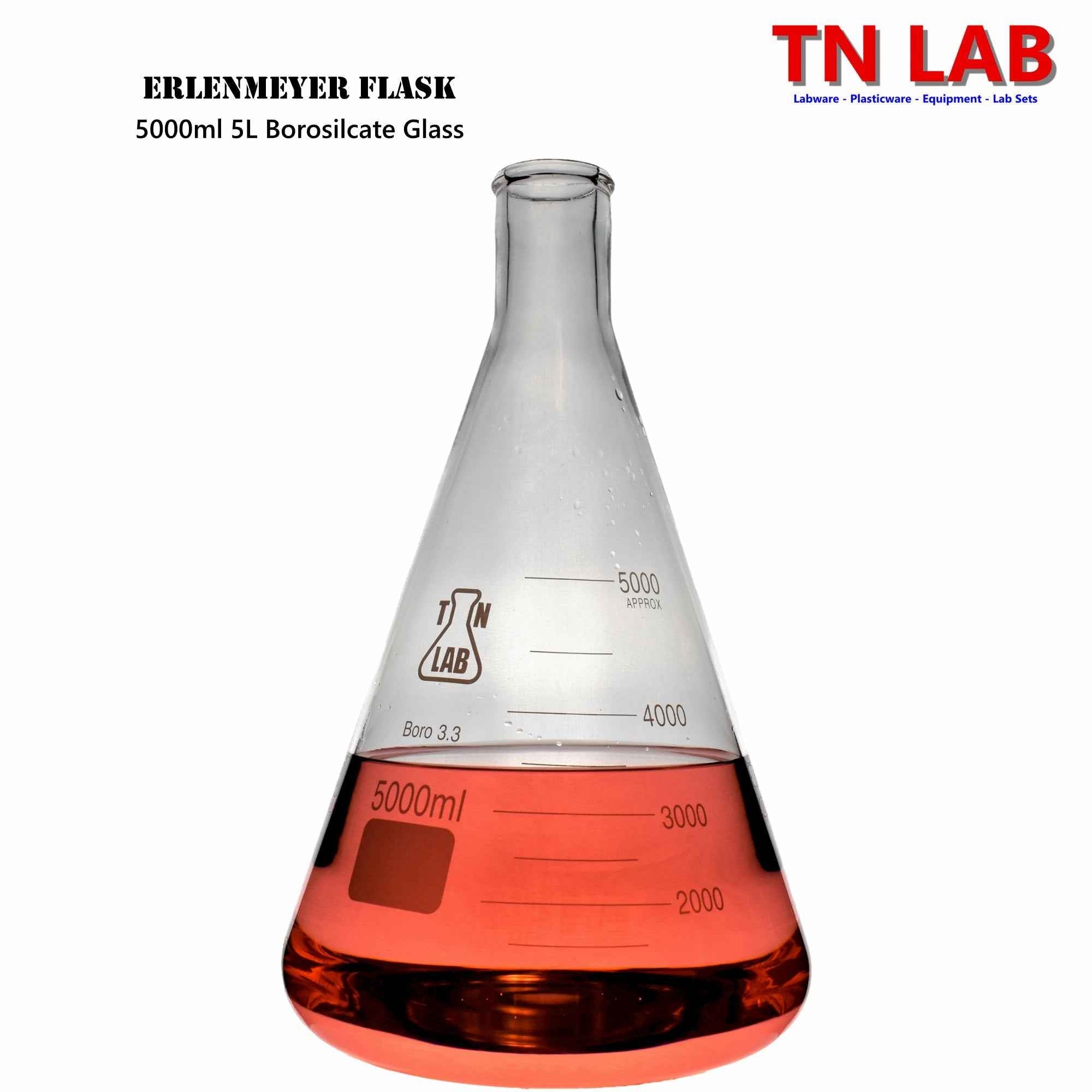 Erlenmeyer Flask Borosilicate Glass Conical Flask 5000ml 5L - TN LAB Supply