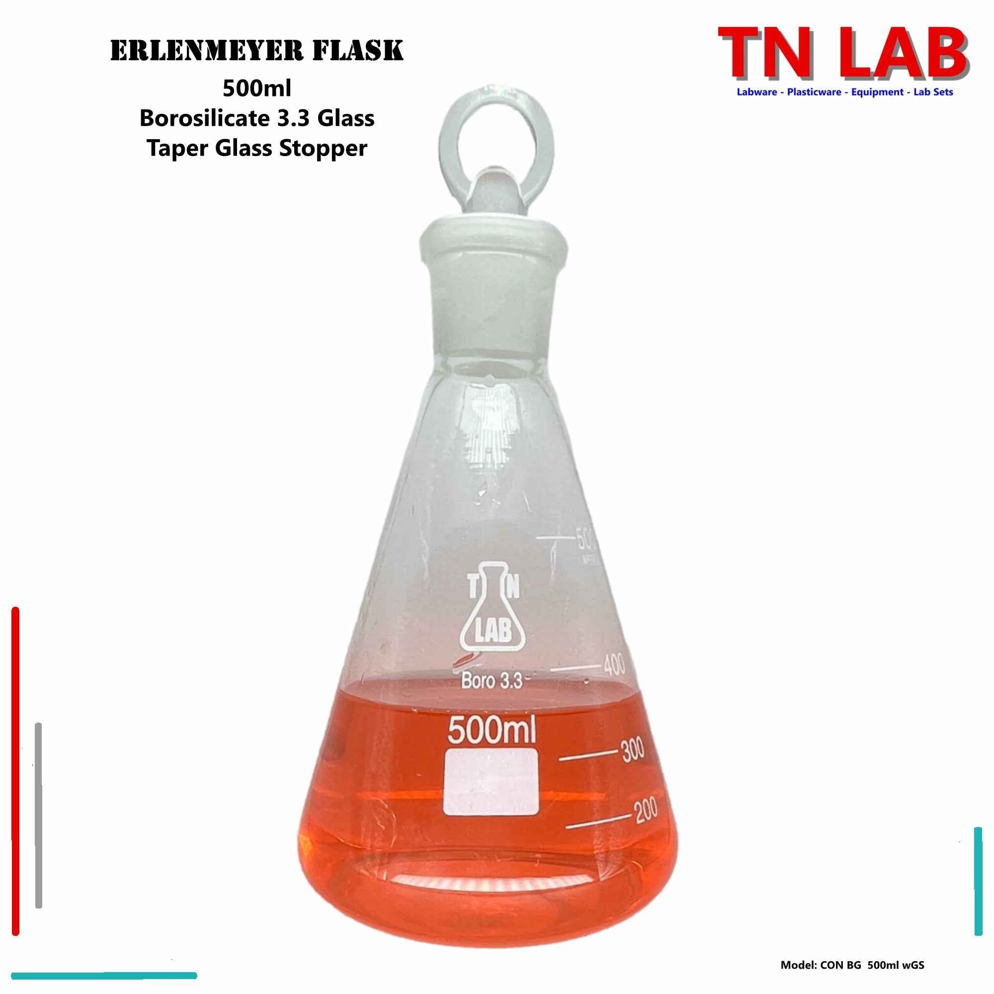 Erlenmeyer Flask SET of 3 Flasks with Jointed Glass Stoppers 100ml 250ml 500ml - TN LAB Supply