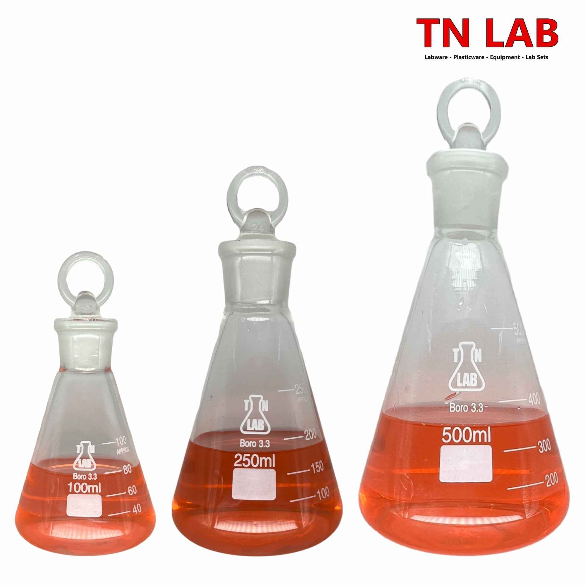 Erlenmeyer Flask SET of 3 Flasks with Jointed Glass Stoppers 100ml 250ml 500ml - TN LAB Supply