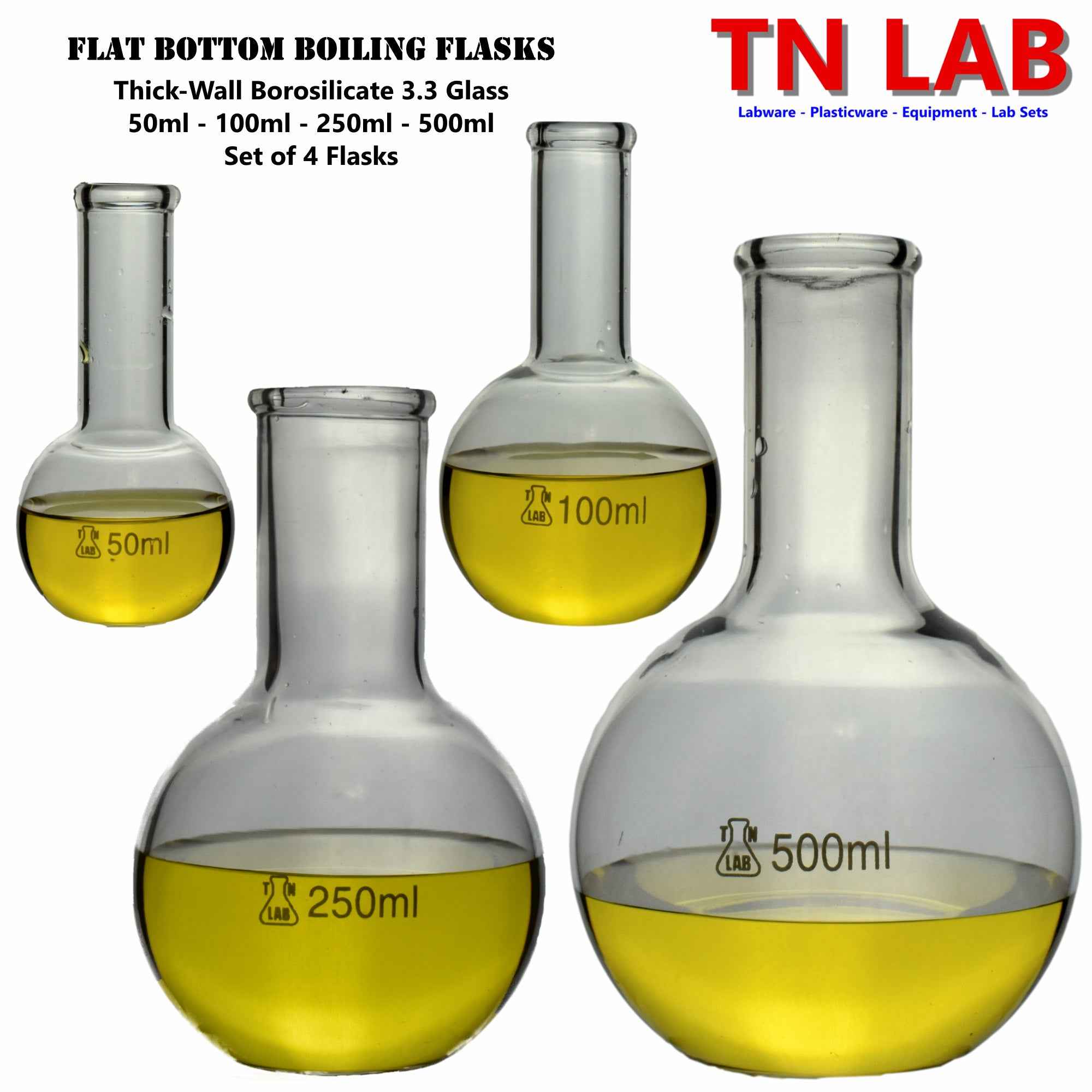 Flat Bottom Boiling Flask 4 - Piece SET 50 - 100 - 250 - 500ml - TN LAB Supply