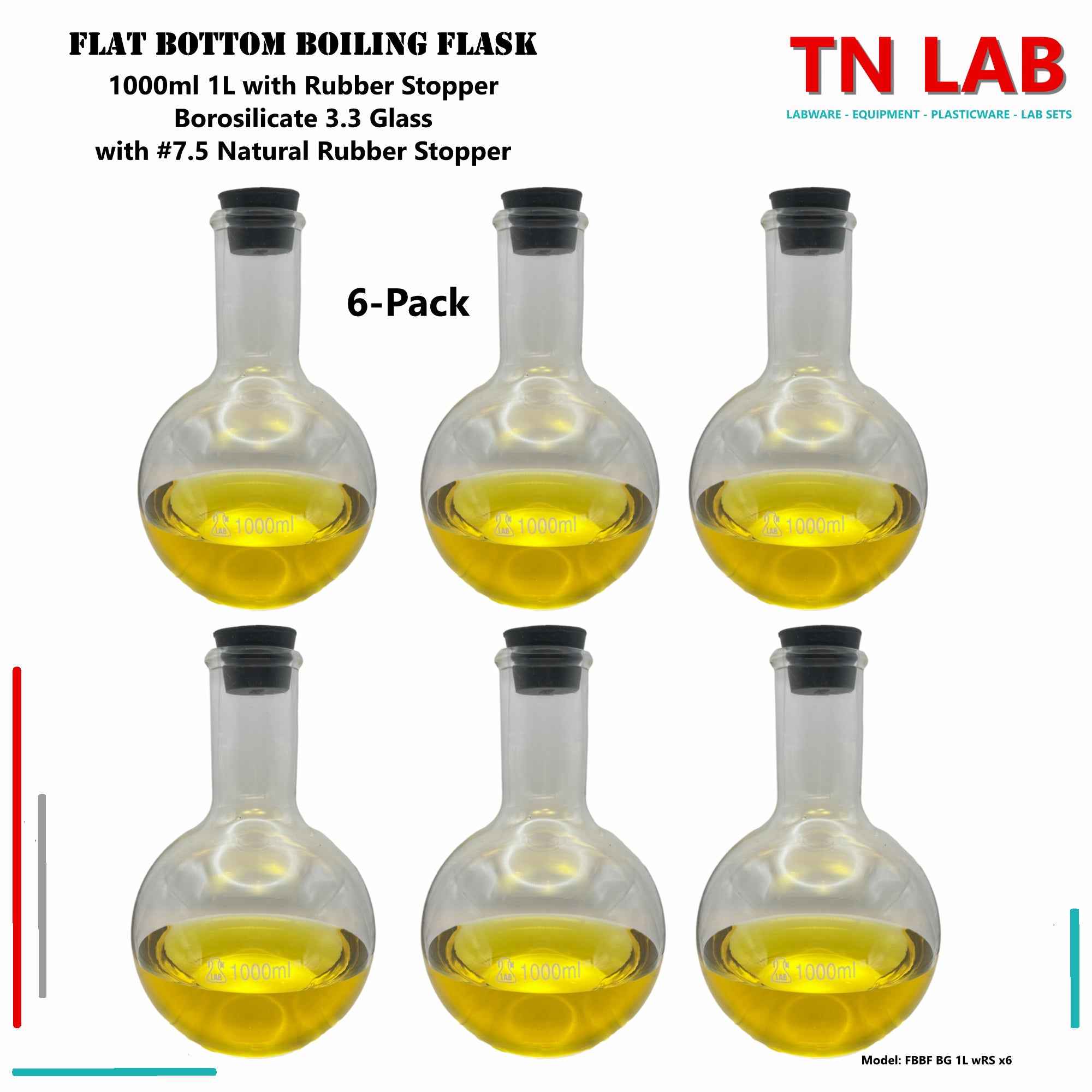 Flat Bottom Boiling Flask Florence Flask Borosilicate Glass 1000ml 1L with Rubber Stopper - TN LAB Supply