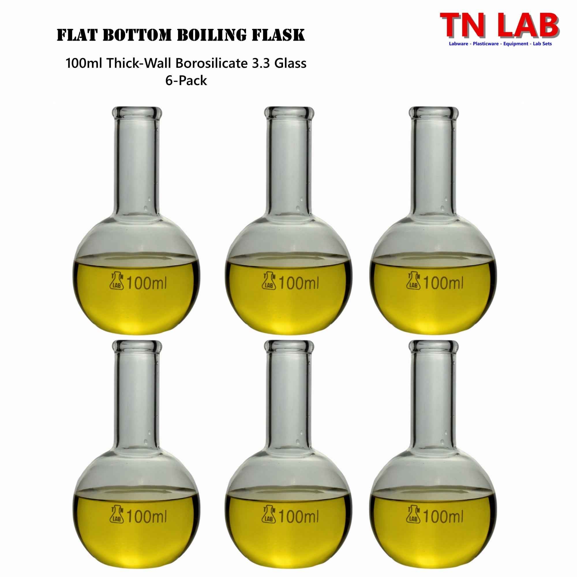 Flat Bottom Boiling Flask Florence Flask Borosilicate Glass 100ml 3 - Pack & 6 - Pack - TN LAB Supply