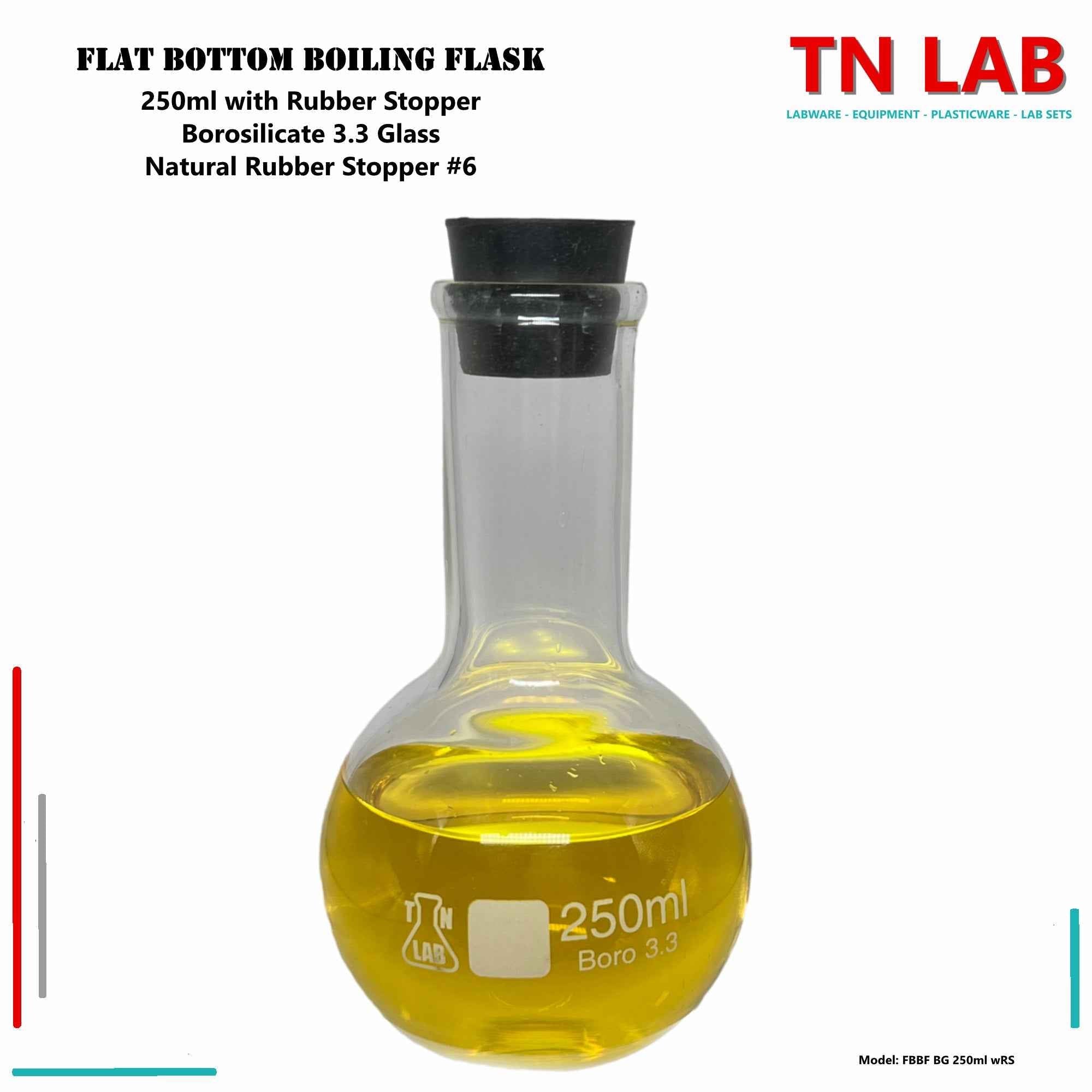 Flat Bottom Boiling Flask Florence Flask Borosilicate Glass 250ml with Rubber Stopper - TN LAB Supply