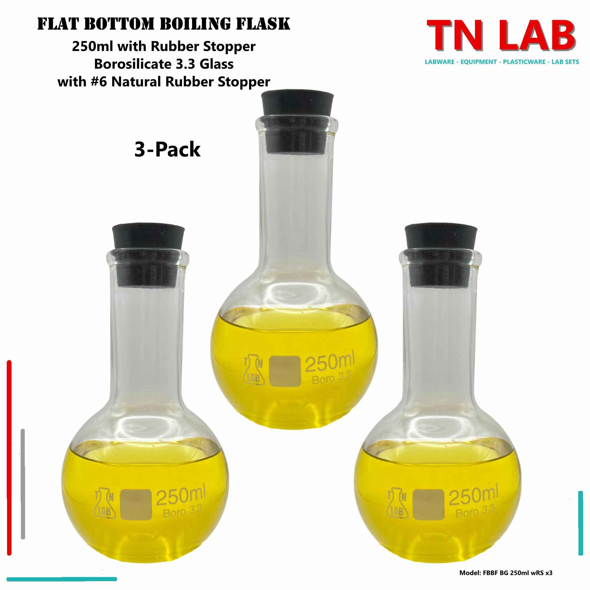 Flat Bottom Boiling Flask Florence Flask Borosilicate Glass 250ml with Rubber Stopper - TN LAB Supply
