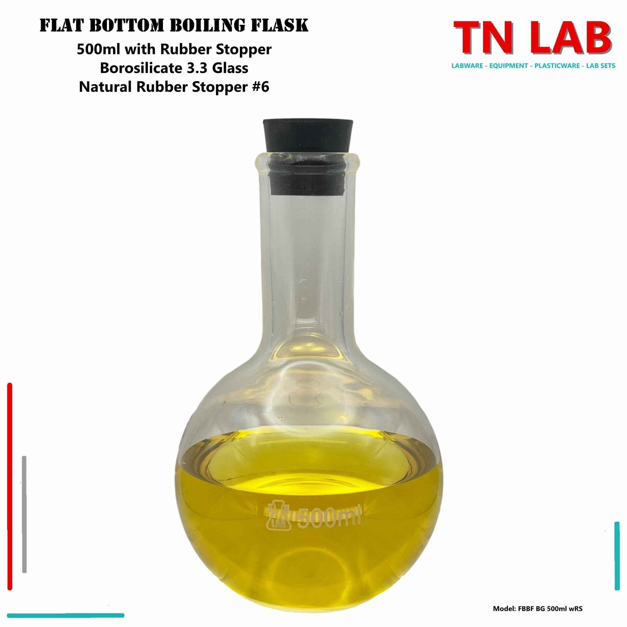 Flat Bottom Boiling Flask Florence Flask Borosilicate Glass 500ml with Rubber Stopper - TN LAB Supply