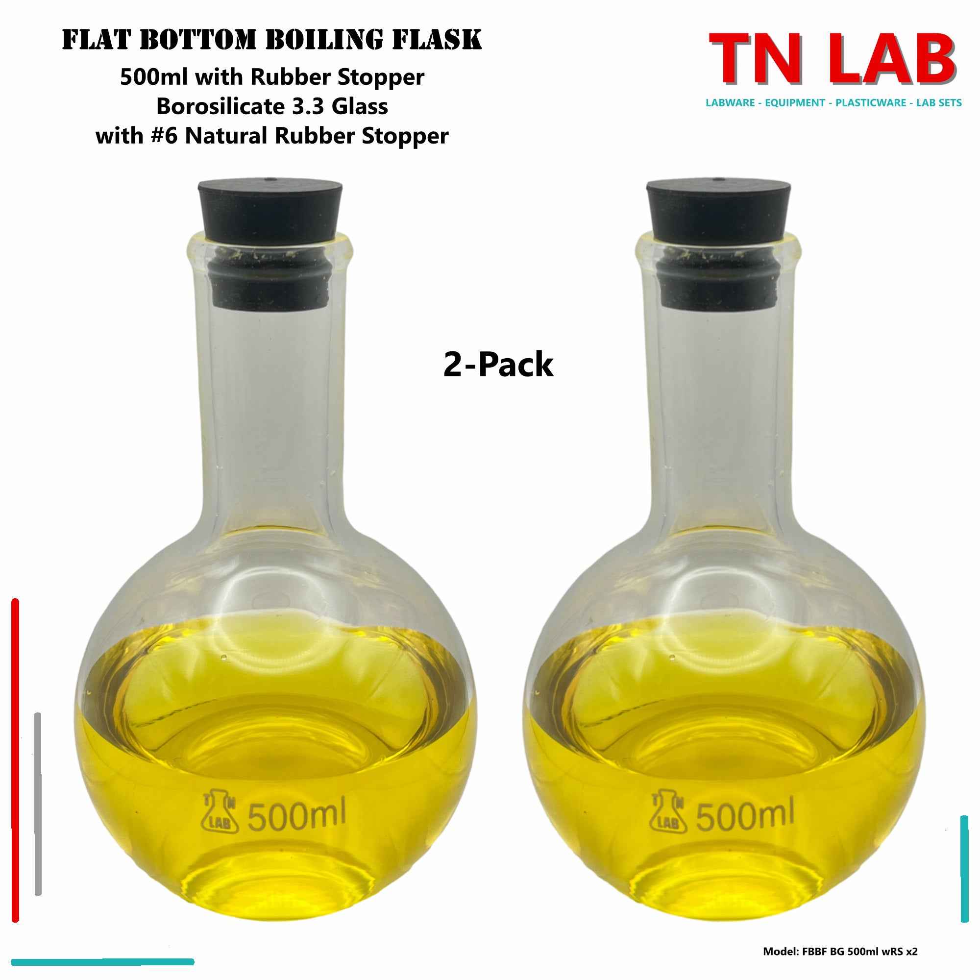 Flat Bottom Boiling Flask Florence Flask Borosilicate Glass 500ml with Rubber Stopper - TN LAB Supply