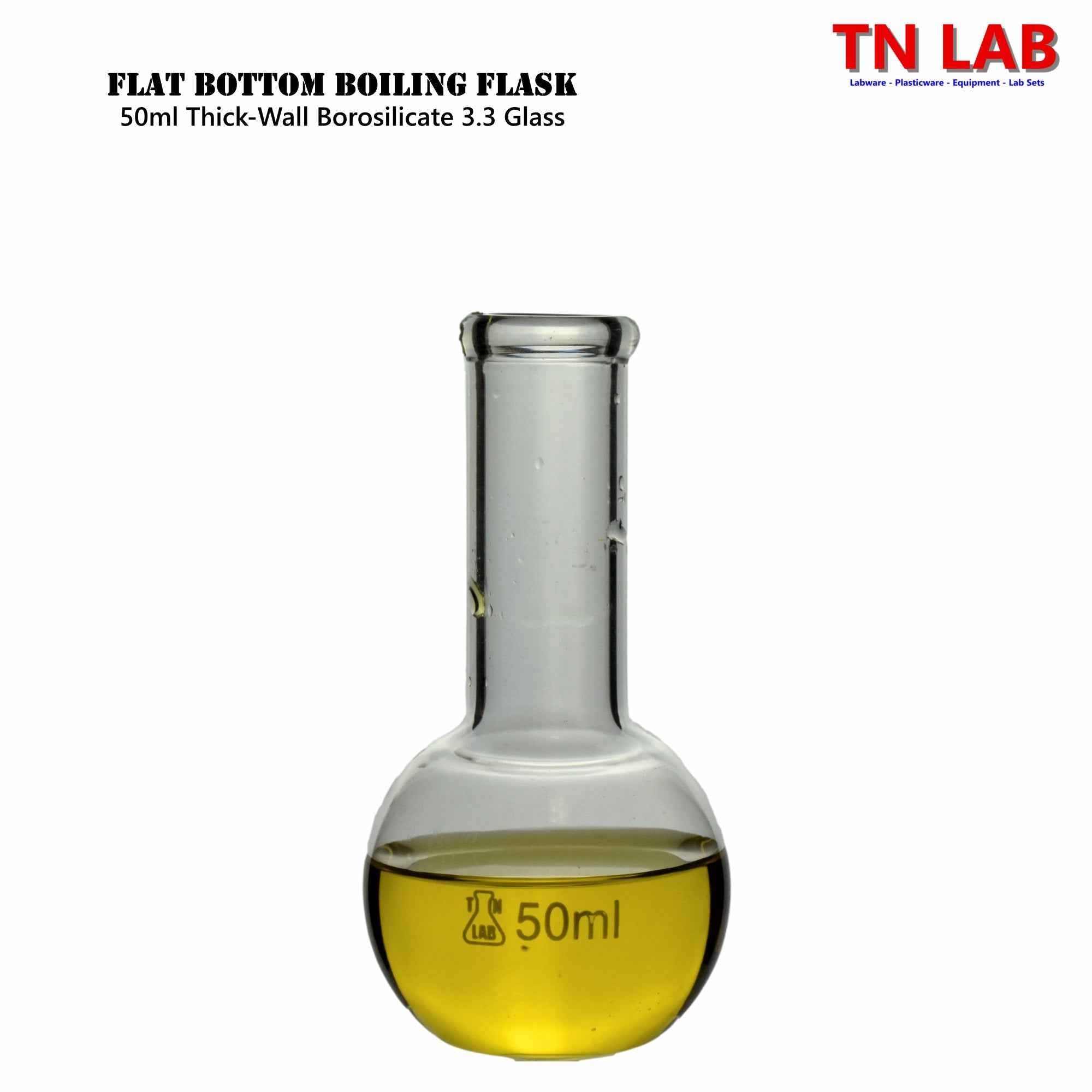 Flat Bottom Boiling Flask Florence Flask Borosilicate Glass 50ml with Rubber Stopper - TN LAB Supply