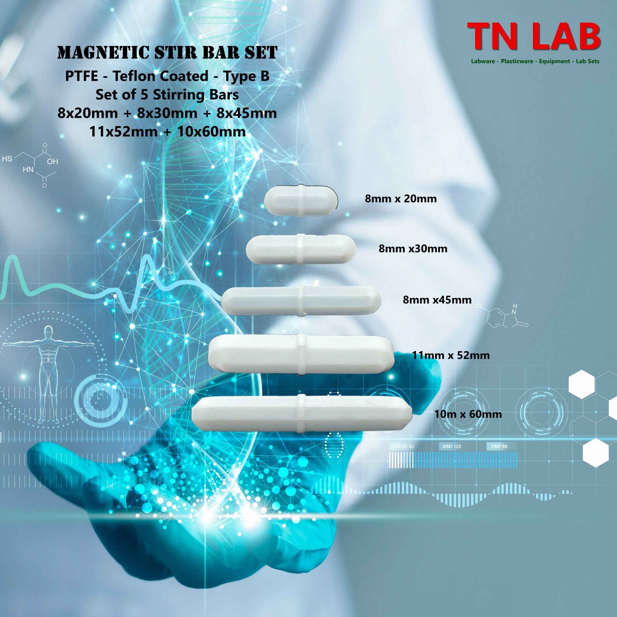 Magnetic Stir Bars SET of 5 PTFE Teflon® Coated Type B Bars - TN LAB Supply
