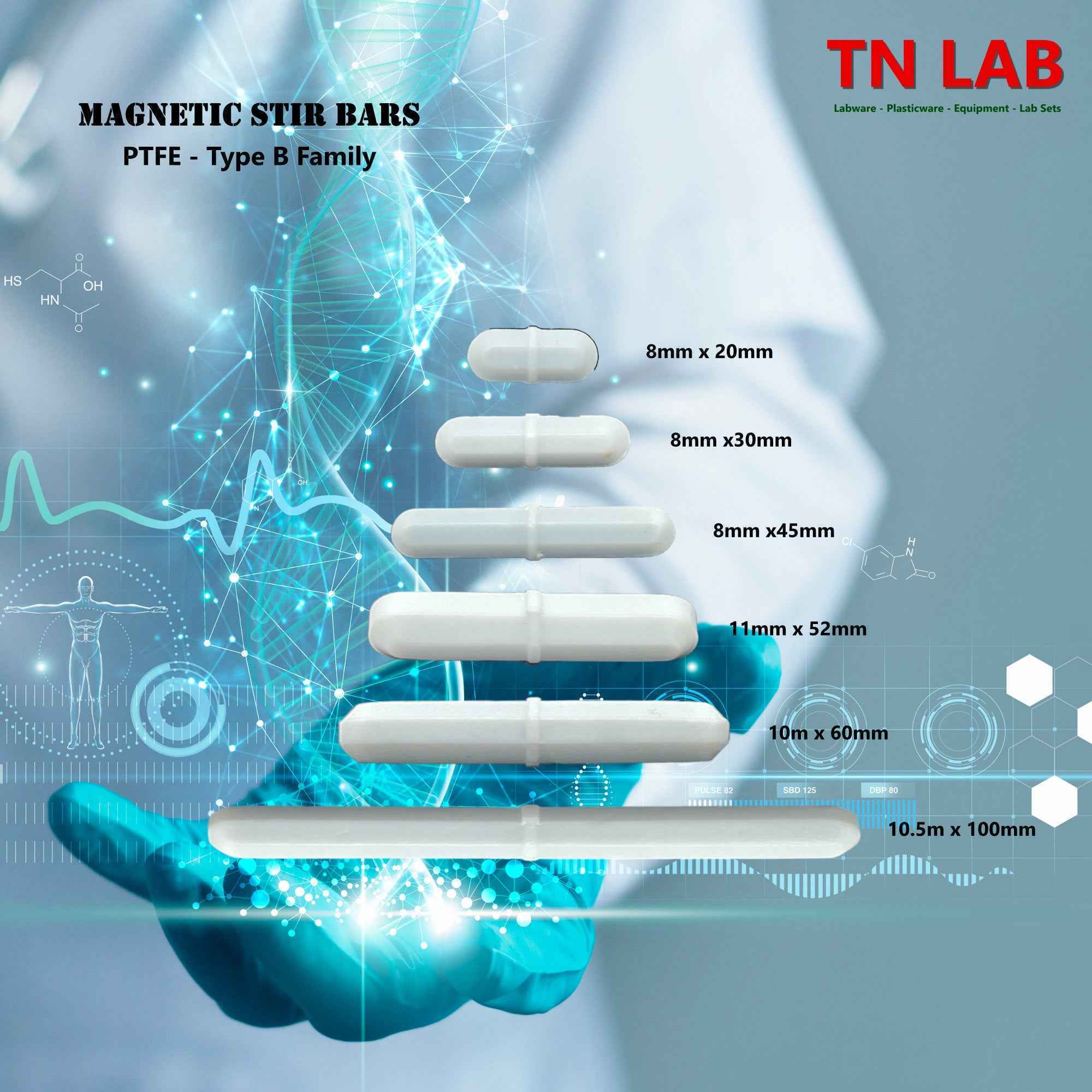 Magnetic Stir Bars Teflon® Coated 11 mm x 52 mm PTFE Type B - TN LAB Supply