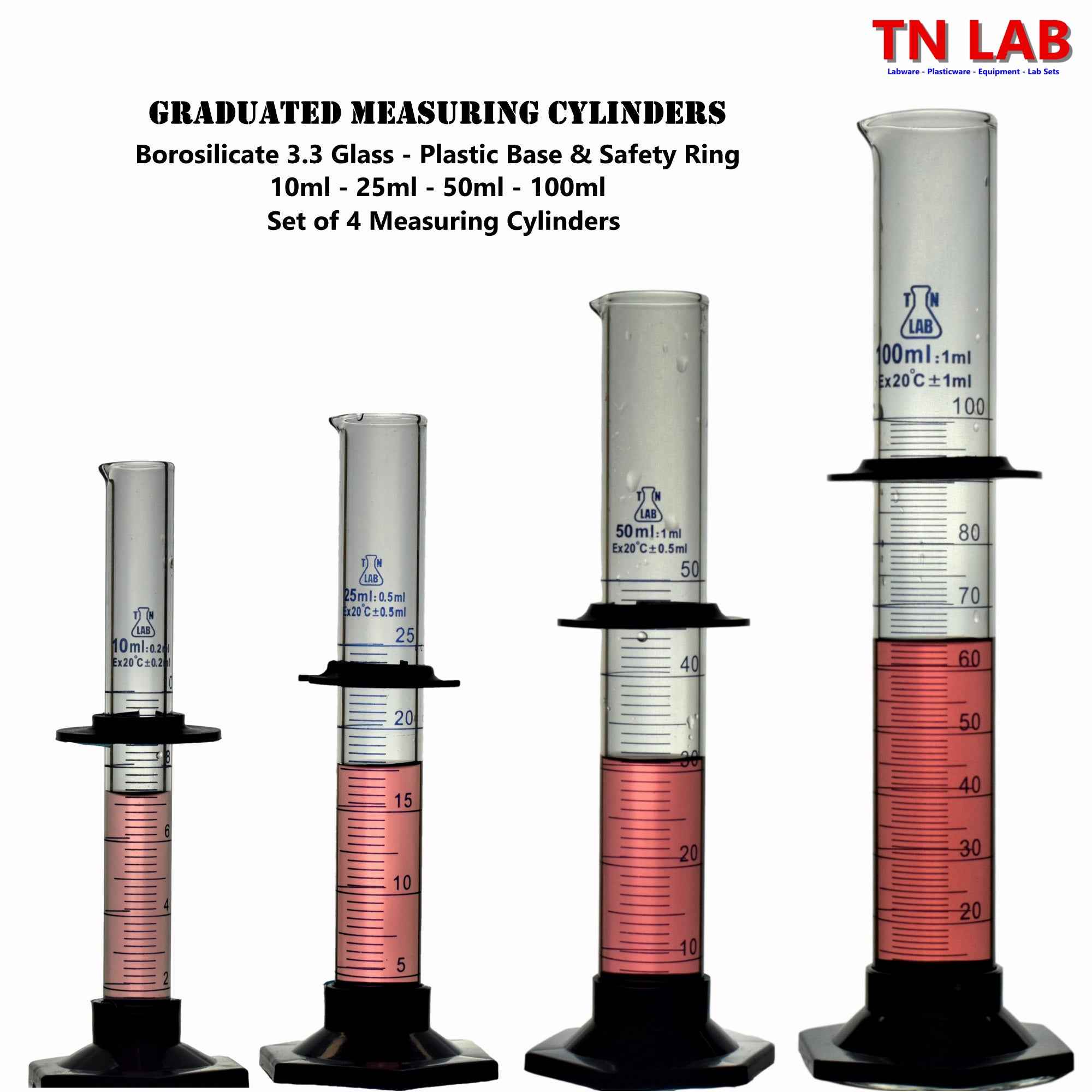 Measuring Cylinder Borosilicate Glass SET of 4 (10 - 25 - 50 - 100 ml) - TN LAB Supply