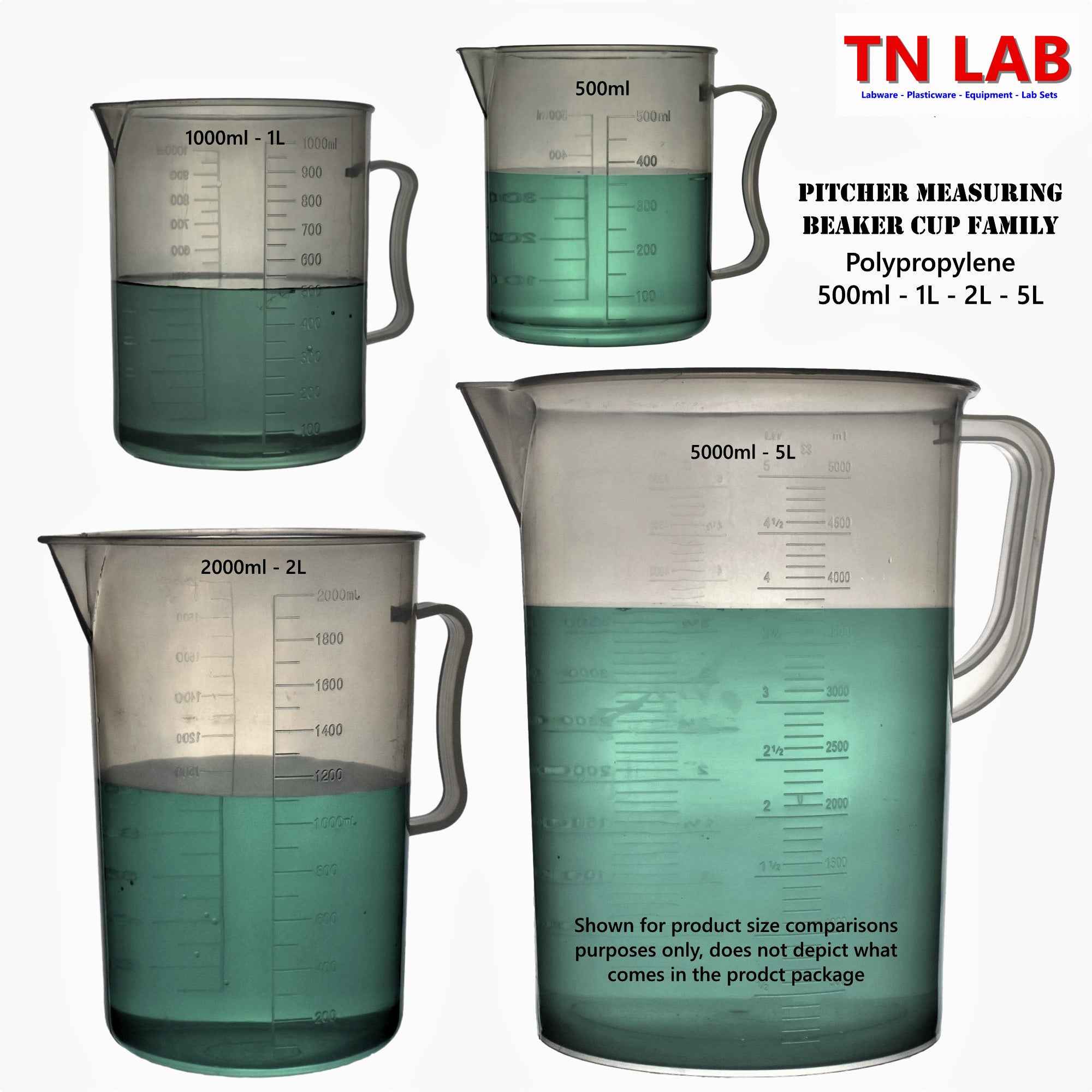 Pitcher Beaker Measuring Cup 2000ml 2L 2 - Quart Strong Handle Polypropylene Graduated - TN LAB Supply