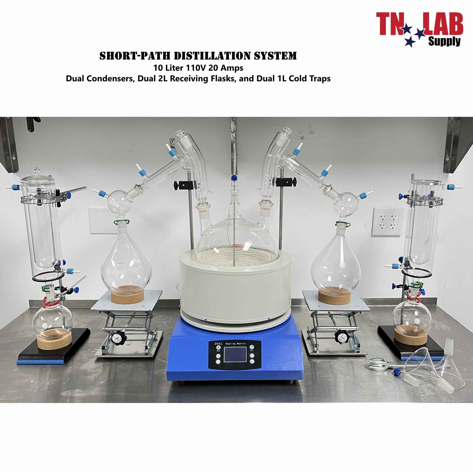 Short - Path Distillation System 10 Liter Dual Condensers Flasks Cold Traps 10000ml - TN LAB Supply
