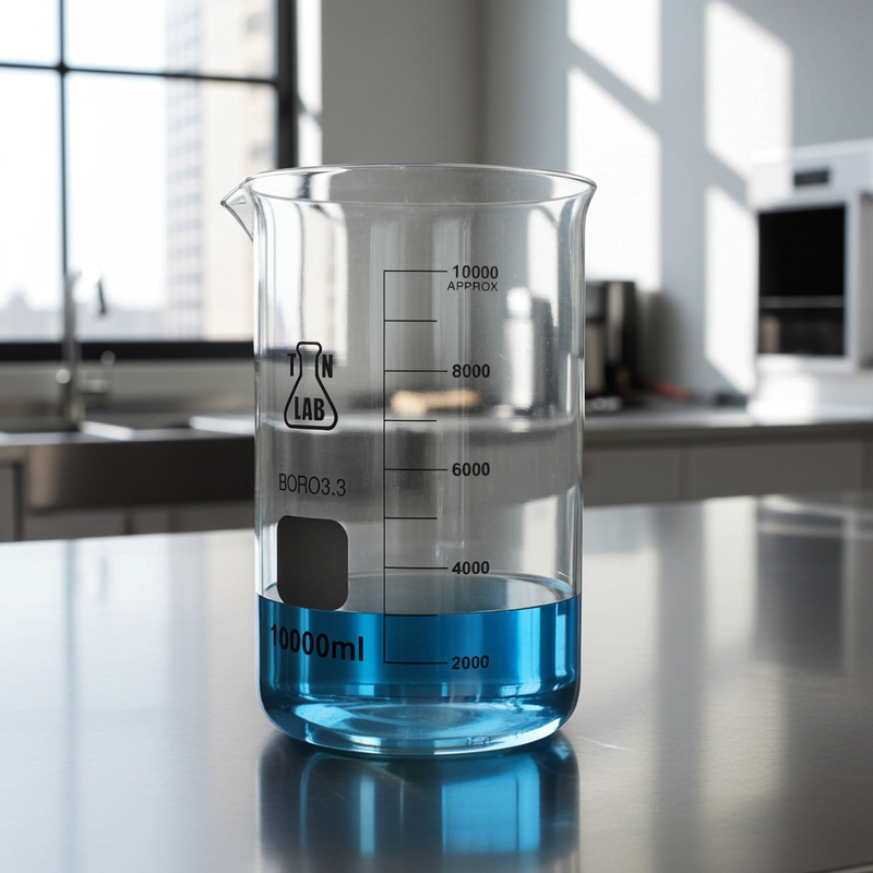 Clear beaker with blue liquid on a reflective surface in a laboratory setting