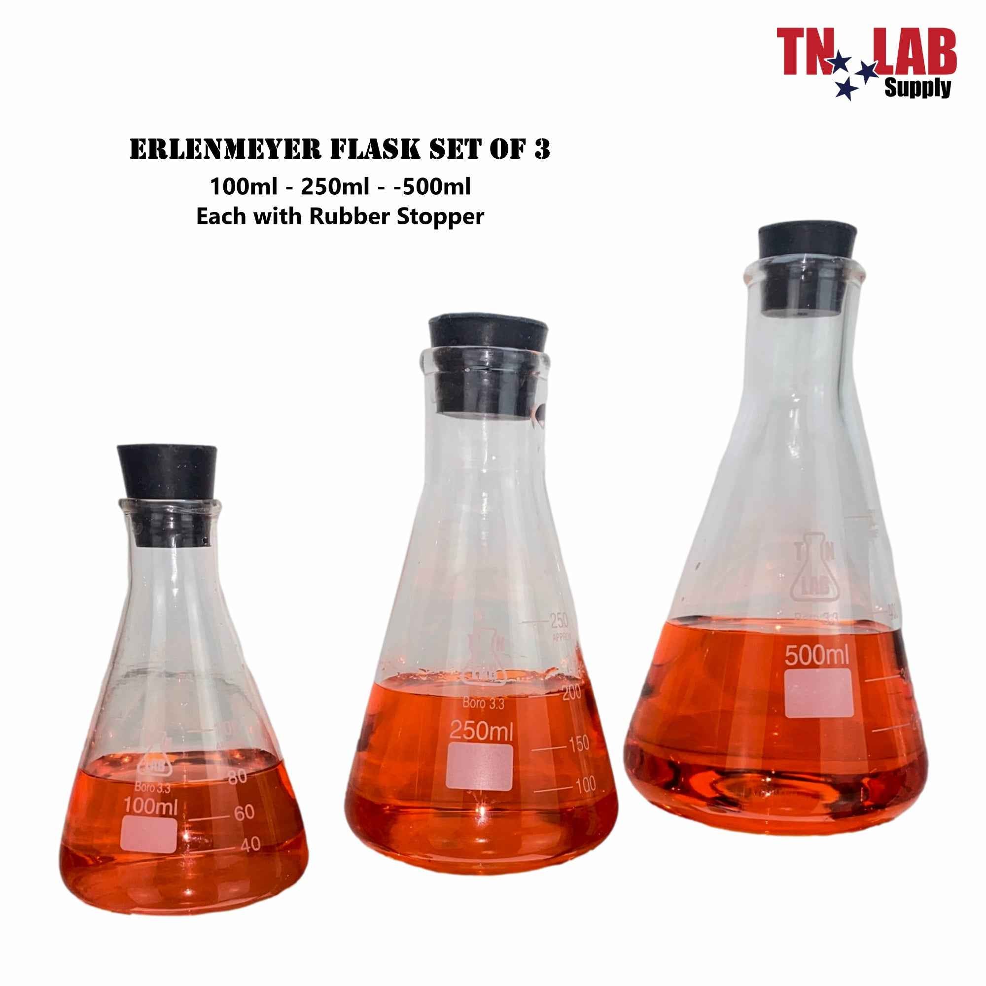 Erlenmeyer Flask Borosilicate Glass Conical Flask 3-Piece SET (100-250-500ml) with Rubber Stoppers
