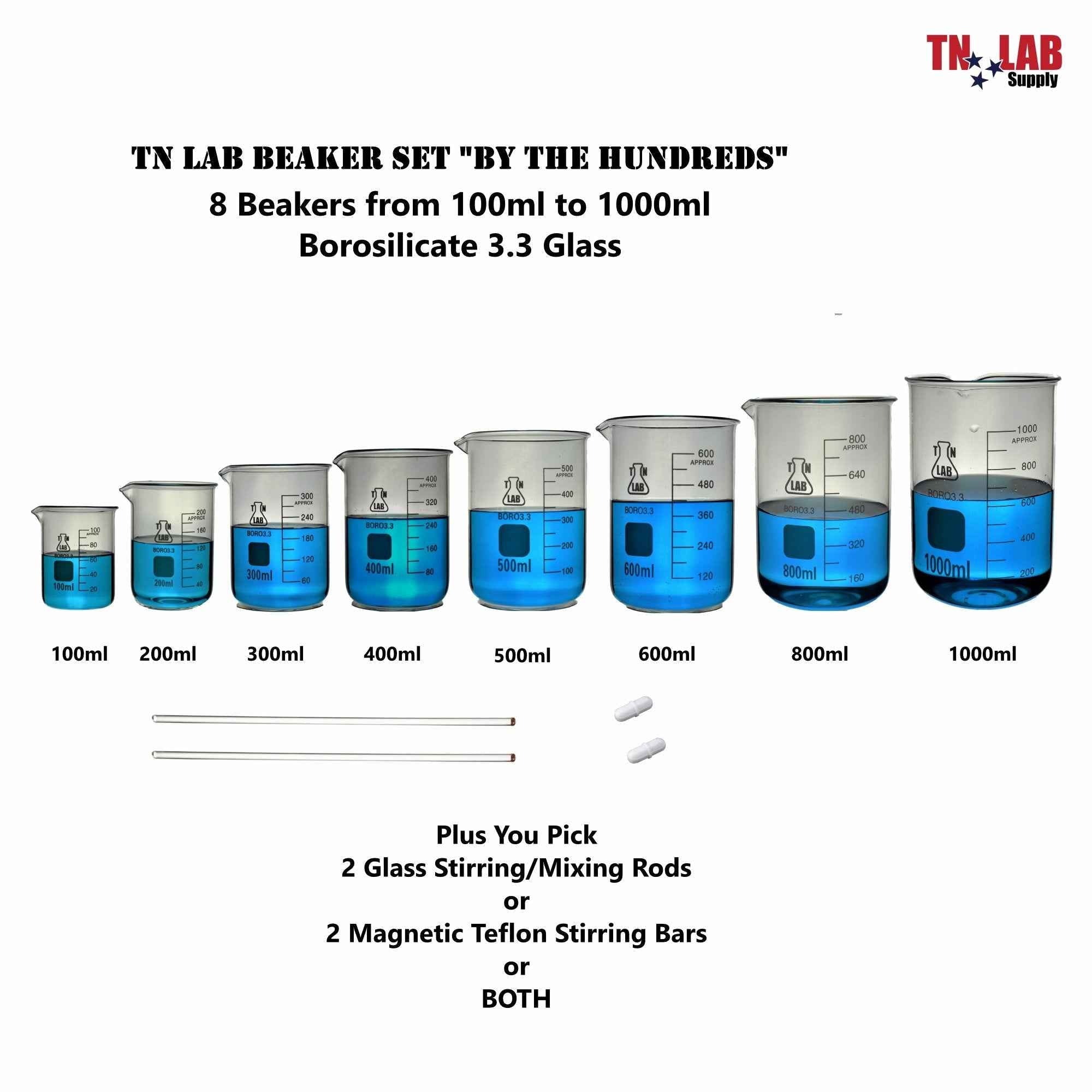 Beaker SET "By the 100s" 8 - Piece SET 100 - 200 - 300 - 400 - 500 - 600 - 800 - 1000ml - TN LAB Supply