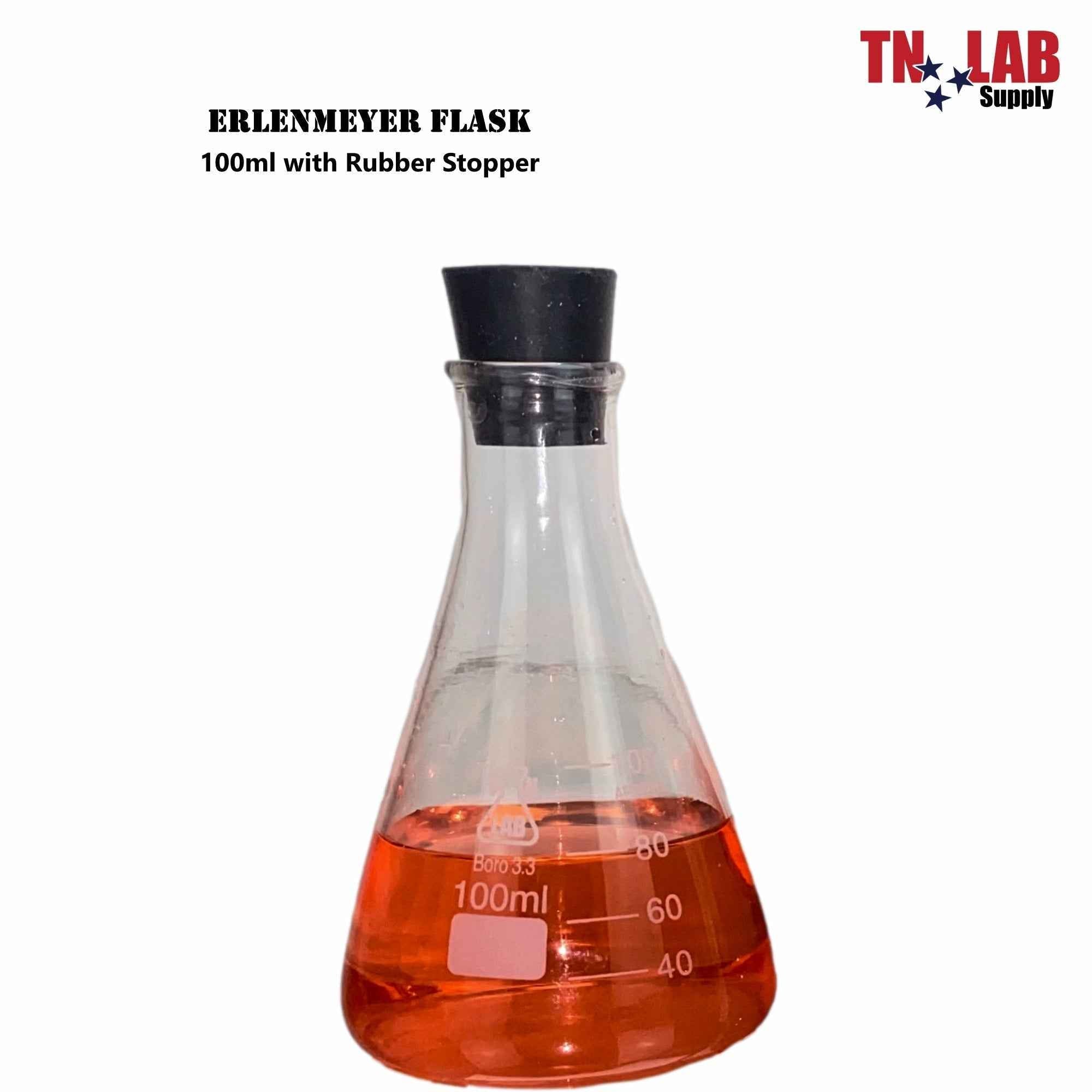 Erlenmeyer Flask Borosilicate 3.3 Glass 100ml w - Rubber Stopper - TN LAB Supply