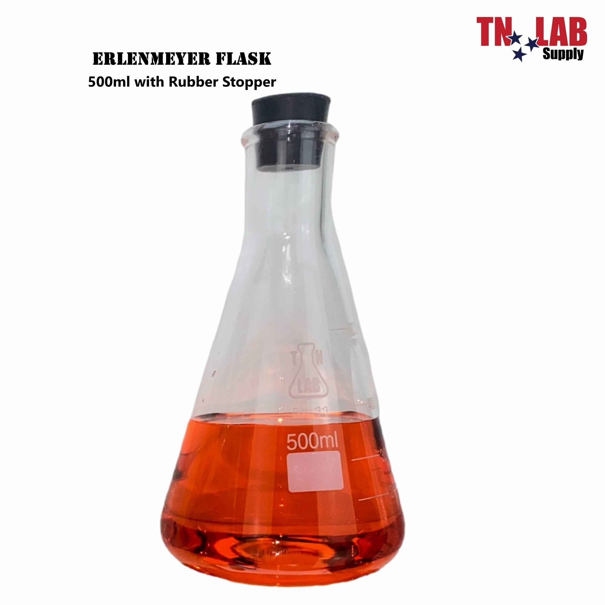 Erlenmeyer Flask Borosilicate Glass Conical Flask 3 - Piece SET (100 - 250 - 500ml) with Rubber Stoppers - TN LAB Supply